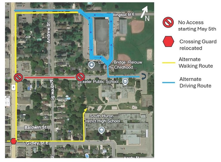 Map showing alternate driving and walking routes to access locations on Victoria Street